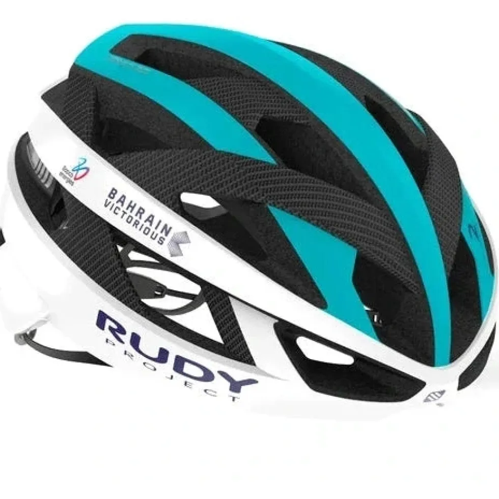 Rudy Project Rebel Helm - Team Bahrain Victorious 2025 - White/Bluegreen Glossy